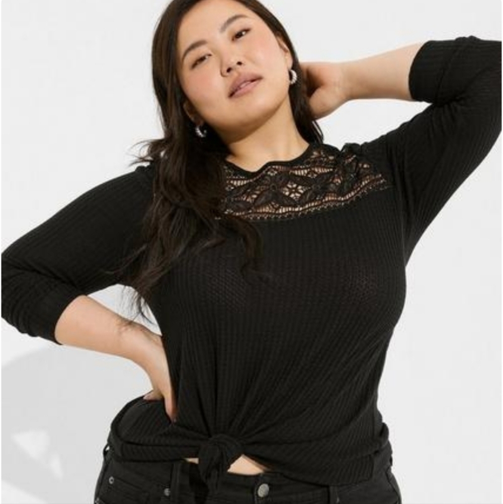Torrid Black Crochet Lace Waffle Knit Long Sleeve Top Feminine Cozy Style 18/20